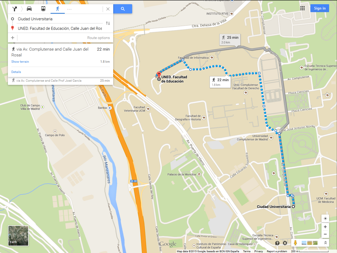 Google Map from Facultad de Educación to Metro Ciudad Universitaria